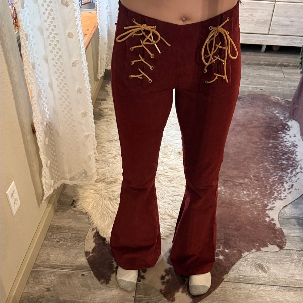 Women's Lace-Up Flare Jeans - Red